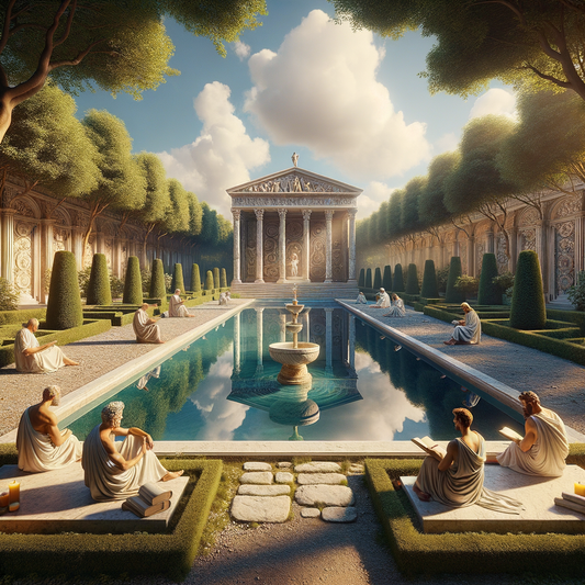 A tranquil Roman villa garden scene with a marble fountain, lush greenery, and softly lit colonnades, inspired by 1960s historical epic films.