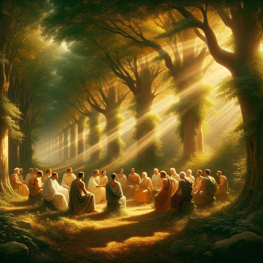 Roman philosophers in a serene forest clearing, discussing under rustling leaves, inspired by classic 1960s historical film style.