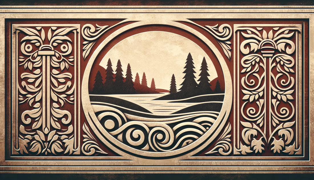 Antikes Steinrelief einer finnischen naturlandschaft mit wald see und huegeln in ziegelrot auf hellem stein