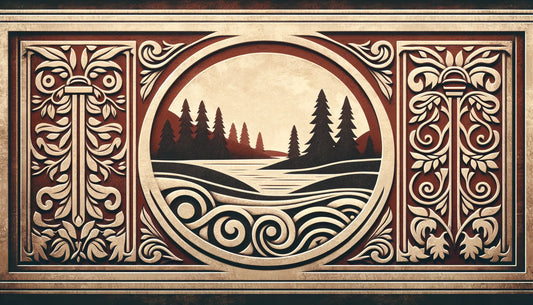 Antikes Steinrelief einer finnischen naturlandschaft mit wald see und huegeln in ziegelrot auf hellem stein