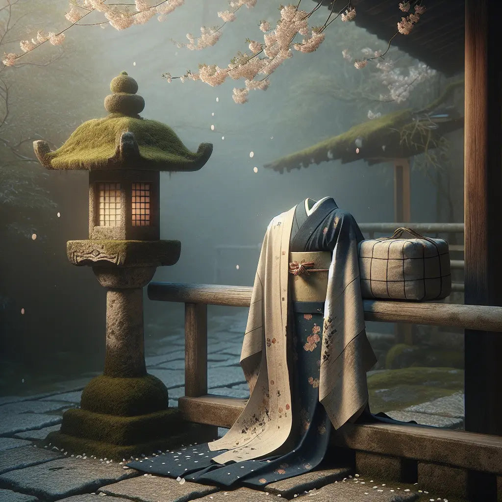 A delicate folded kimono on a wooden rail near a mossy stone lantern with falling sakura petals in a misty Kyoto garden path — minimalistic, serene, and traditional Japanese aesthetic.