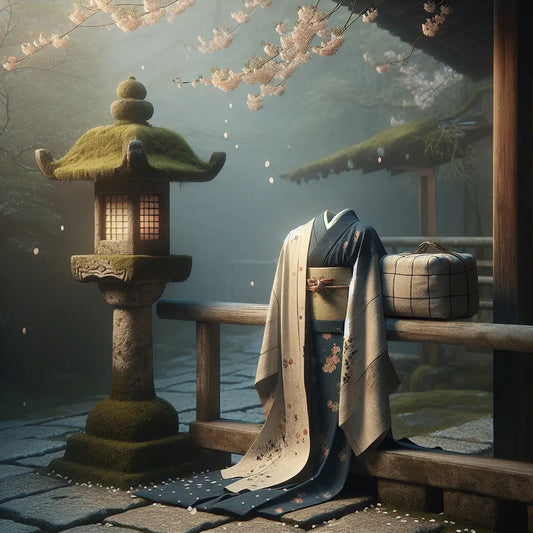 A delicate folded kimono on a wooden rail near a mossy stone lantern with falling sakura petals in a misty Kyoto garden path — minimalistic, serene, and traditional Japanese aesthetic.