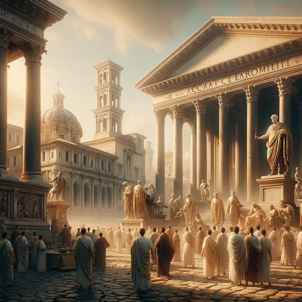 Depiction of ancient Rome's transition to a republic, featuring the statues of Brutus and the Capitoline Wolf, set against prominent Roman architecture.