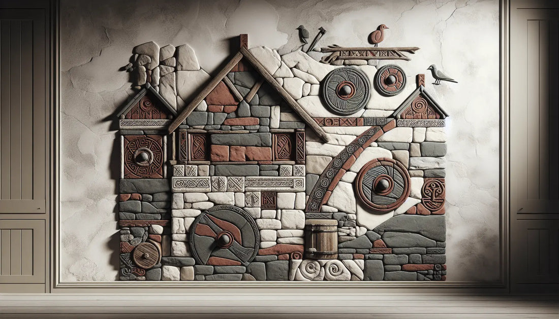 Fragment eines rustikalen Einrichtungsgegenstands im Stil eines nordischen Hauses in erdigen Tönen mit strukturierter Steinoptik