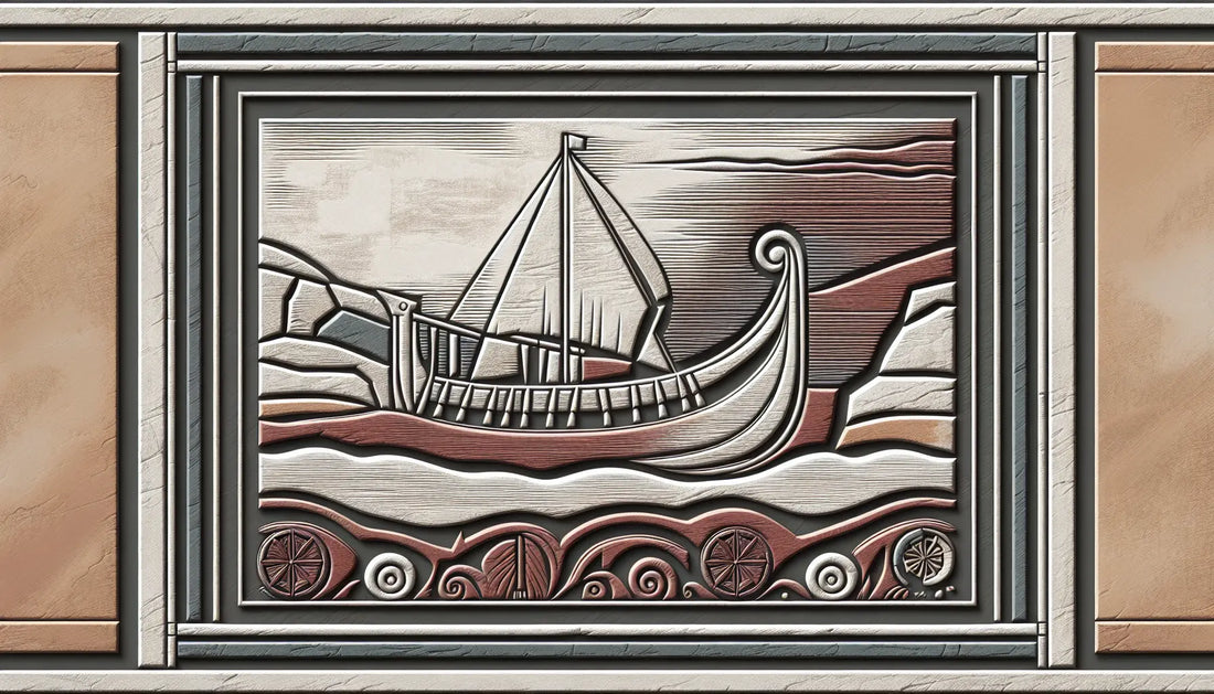 Relief eines roemisch inspirierten Langschiffs graviert auf steinerner oberflaeche mit ziegelrot und tiefgrau