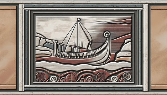Relief eines roemisch inspirierten Langschiffs graviert auf steinerner oberflaeche mit ziegelrot und tiefgrau