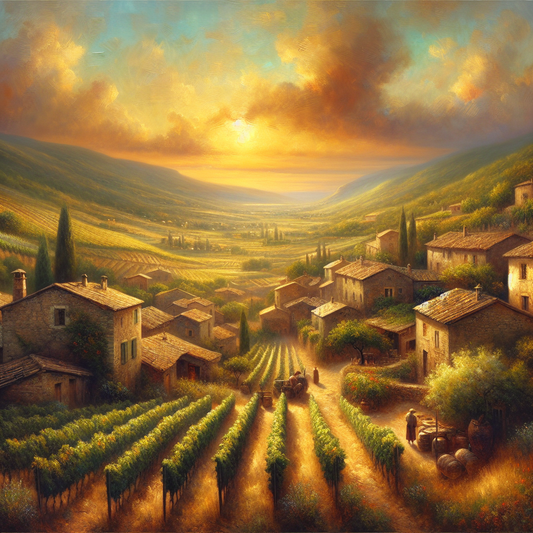 Panoramic view of a French countryside at golden sunset with vineyards, rustic villages, and gentle hills in a painterly historical epic style.