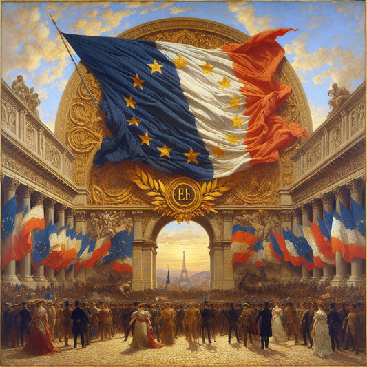 A cinematic painting showing the French flag and European Union stars with historic European landmarks like the Arc de Triomphe and the Colosseum in the background, styled after 1960s Roman epic films.