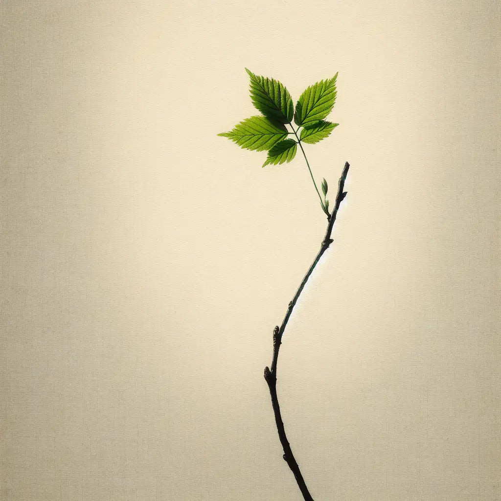 A single fresh green leaf on a slender branch softly lit by gentle spring sunlight in a minimalist traditional Japanese ink style, symbolizing growth and renewal.