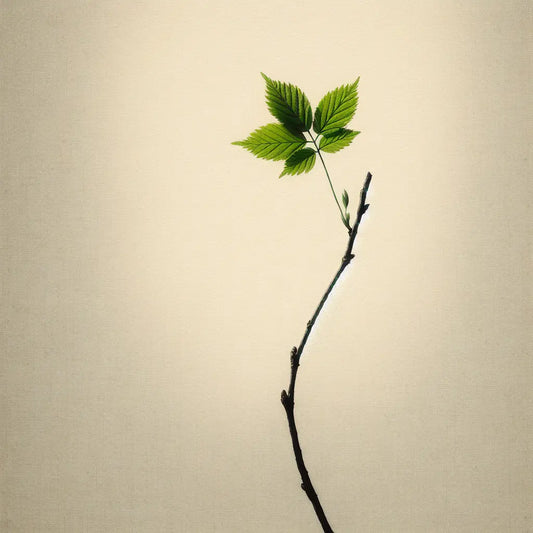 A single fresh green leaf on a slender branch softly lit by gentle spring sunlight in a minimalist traditional Japanese ink style, symbolizing growth and renewal.