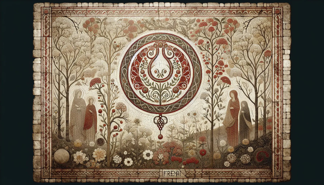 Norse forest scene with blooming flowers and mystical necklace in ancient mosaic style with brick red on light stone background