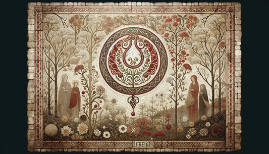 Norse forest scene with blooming flowers and mystical necklace in ancient mosaic style with brick red on light stone background