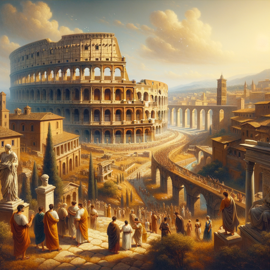 A cinematic painting of ancient Rome featuring the Colosseum and aqueducts, styled after 1960s historical epic films.