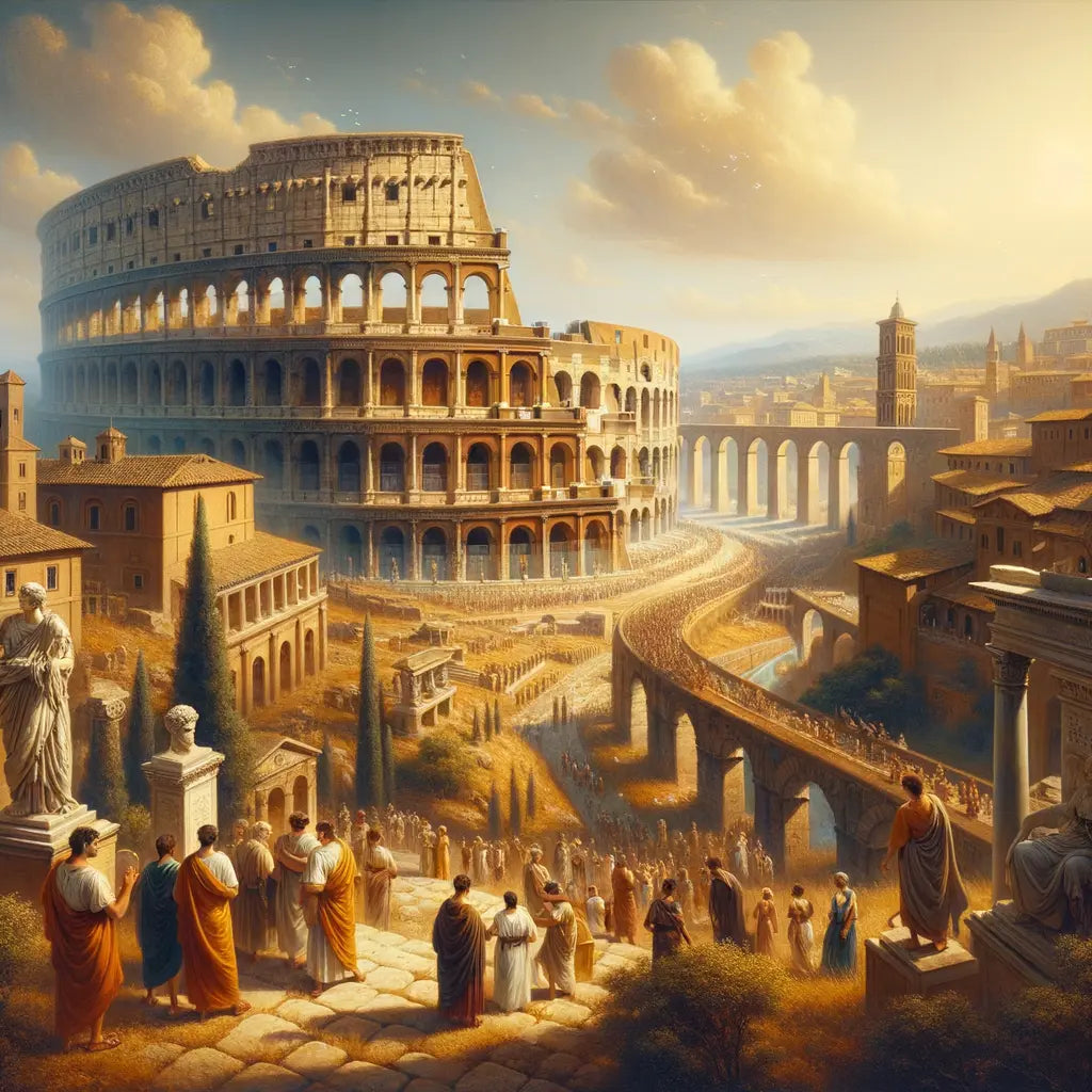 A cinematic painting of ancient Rome featuring the Colosseum and aqueducts, styled after 1960s historical epic films.