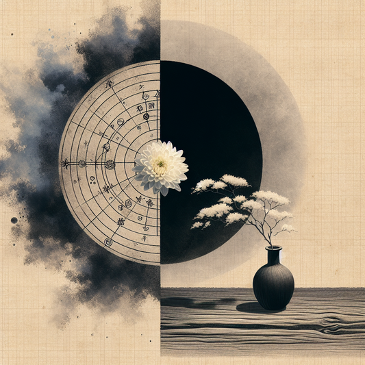 Minimalist traditional Japanese style composition split with dark transmutation circle and light chrysanthemum symbolizing contrast of darkness and hope, inspired by Fullmetal Alchemist themes.