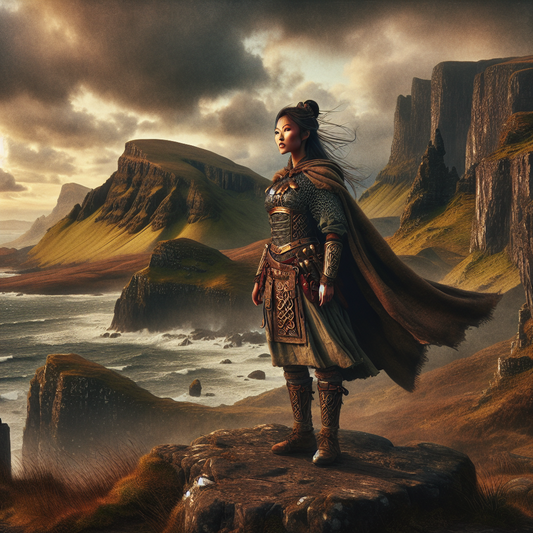 A powerful Gaelic female warrior in ancient Celtic armor stands on the windswept cliffs of the Isle of Skye beneath a dramatic cloudy sky, exuding strength and mystical presence.