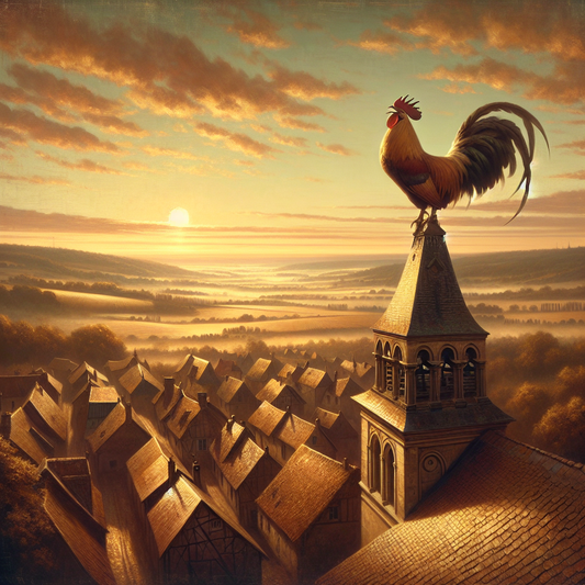 A majestic Gallic rooster crowing at dawn atop a French village church steeple, lit by soft morning sunlight with a peaceful rural landscape in the background.