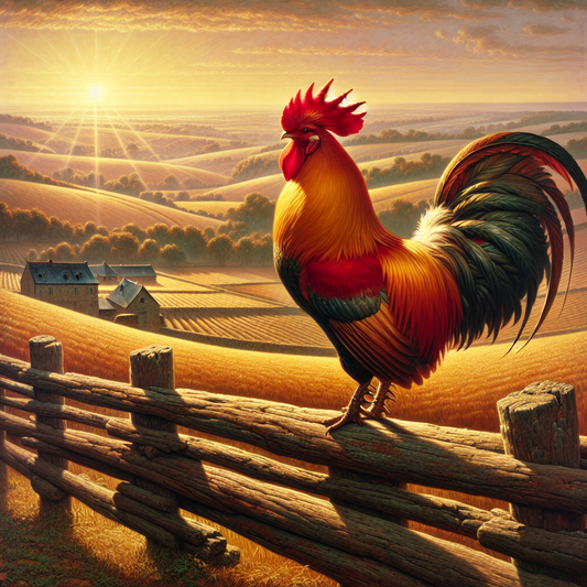 A proud Gallic rooster stands tall on a French countryside fence at dawn, its red and gold feathers glowing softly in warm morning light against rolling hills and rustic farmhouses.