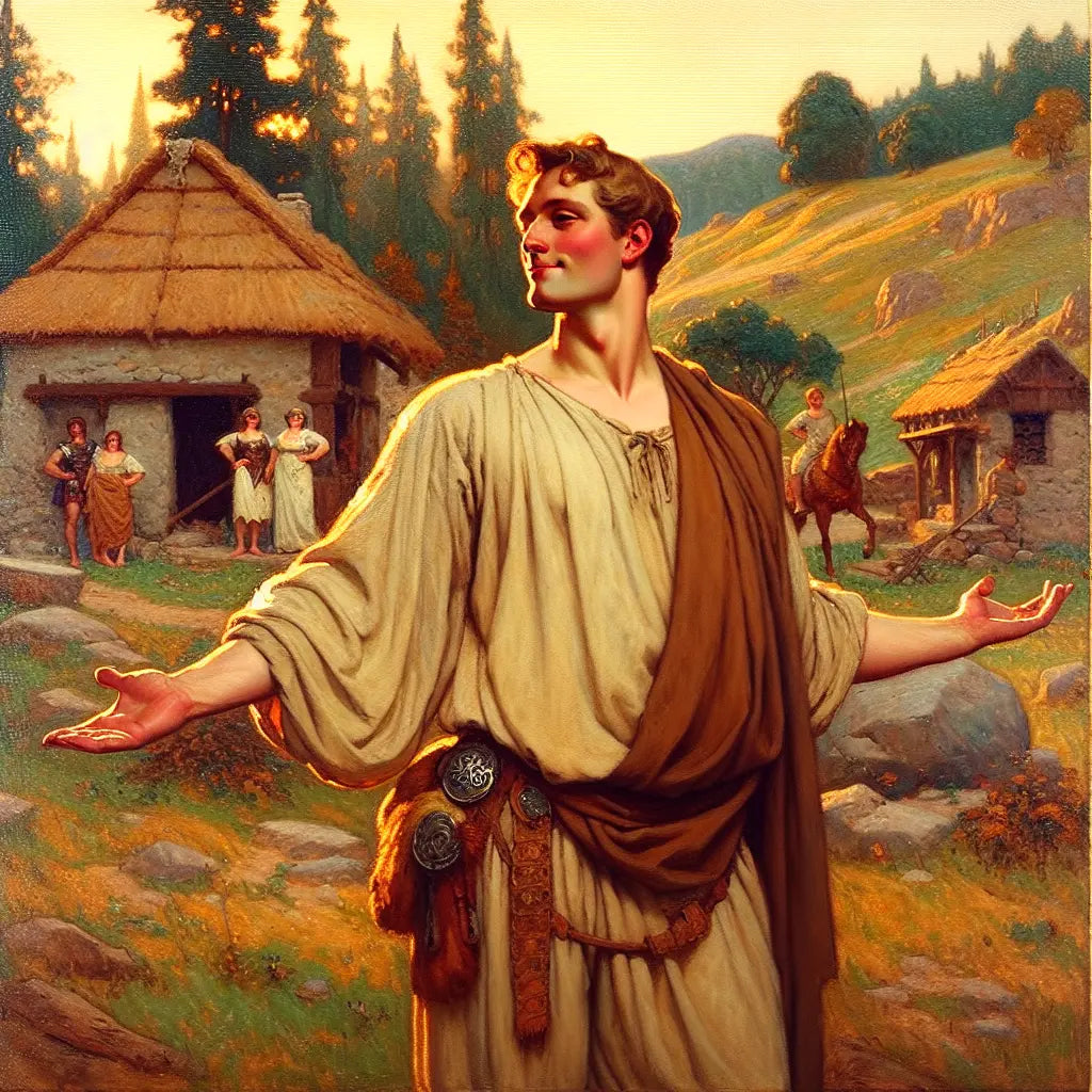 Elegant ancient Gaulish person performing a relaxed Gallic shrug with an amused expression, set against a soft, pastoral ancient France cultural background in warm daylight.