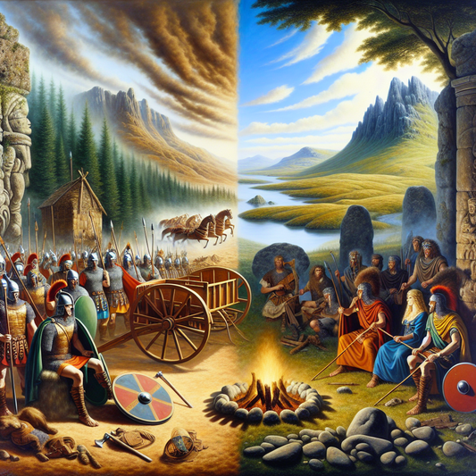 Illustrative cinematic painting contrasting armored ancient Gallic warriors with chariots on one side and misty Gaelic Irish and Scottish landscapes with Celtic bards playing lyres by lochs on the other