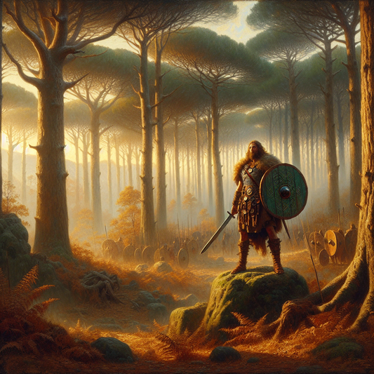 Silhouette of a Gallic warrior with shield and sword in a misty ancient Celtic forest, painted in the style of 1960s Roman historical epics.