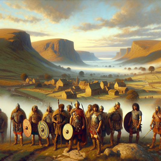 Gaulish Celtic warriors with shields and swords standing on a misty hill overlooking ancient Gallia, with a mixture of Roman and Germanic cultural influences visible in the distant architecture.