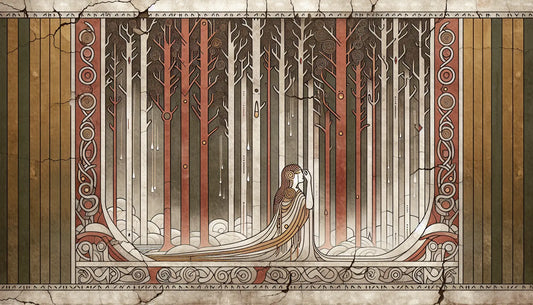 Fragment eines nordischen Teppichs mit Freya und goldenen Traenen in ruhiger Ornamentik auf hellem steinernen Hintergrund