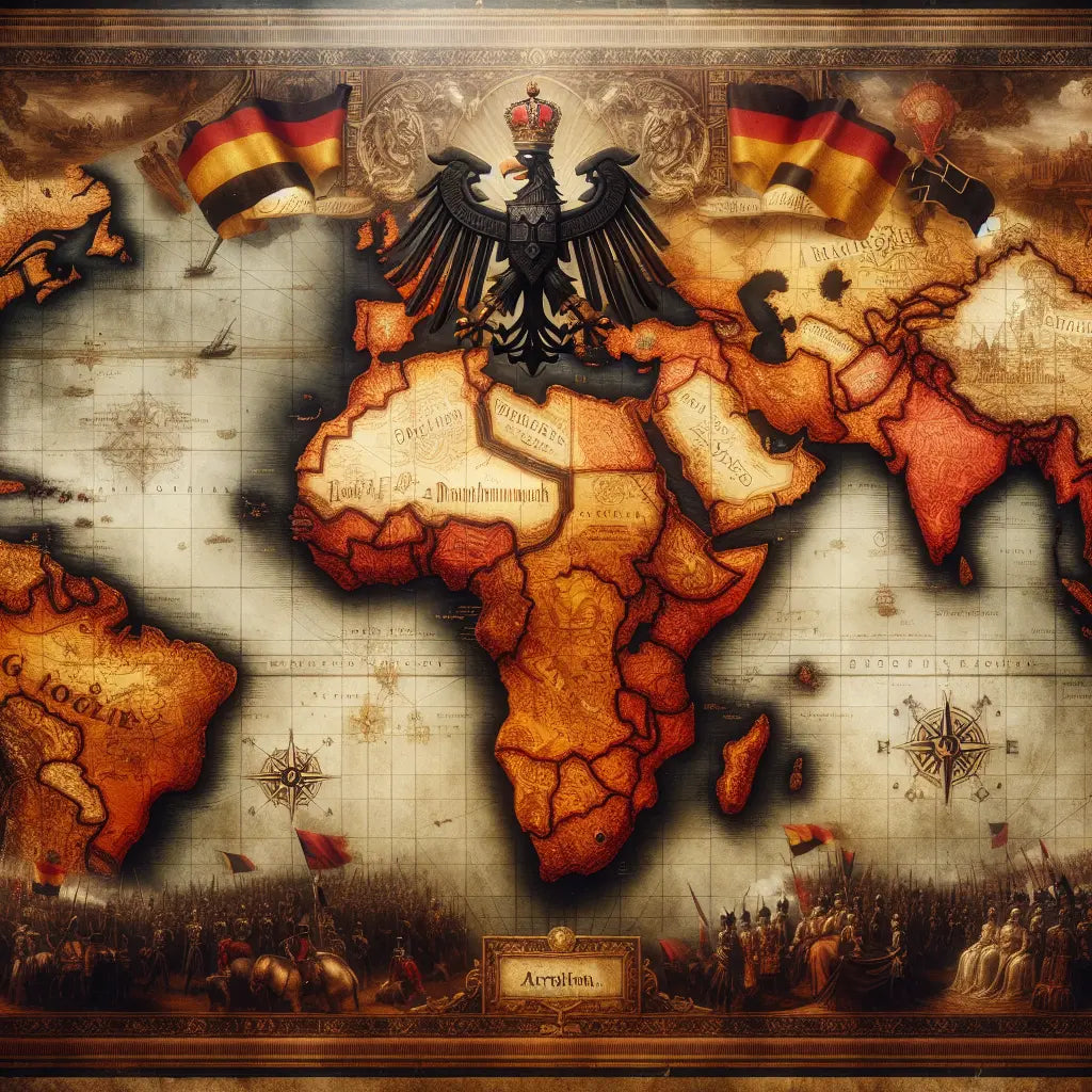 A vintage-style detailed historical map showcasing German colonial empire territories in Africa and the Pacific during late 19th to early 20th century, featuring German imperial symbols and warm earth tones.