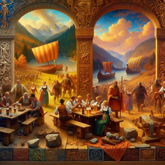 A rich collage of traditional German Tracht clothing at Oktoberfest, Viking Longships docked by a northern coast, and figures near Norse mythological artifacts, styled as a 1960s cinematic historical painting.