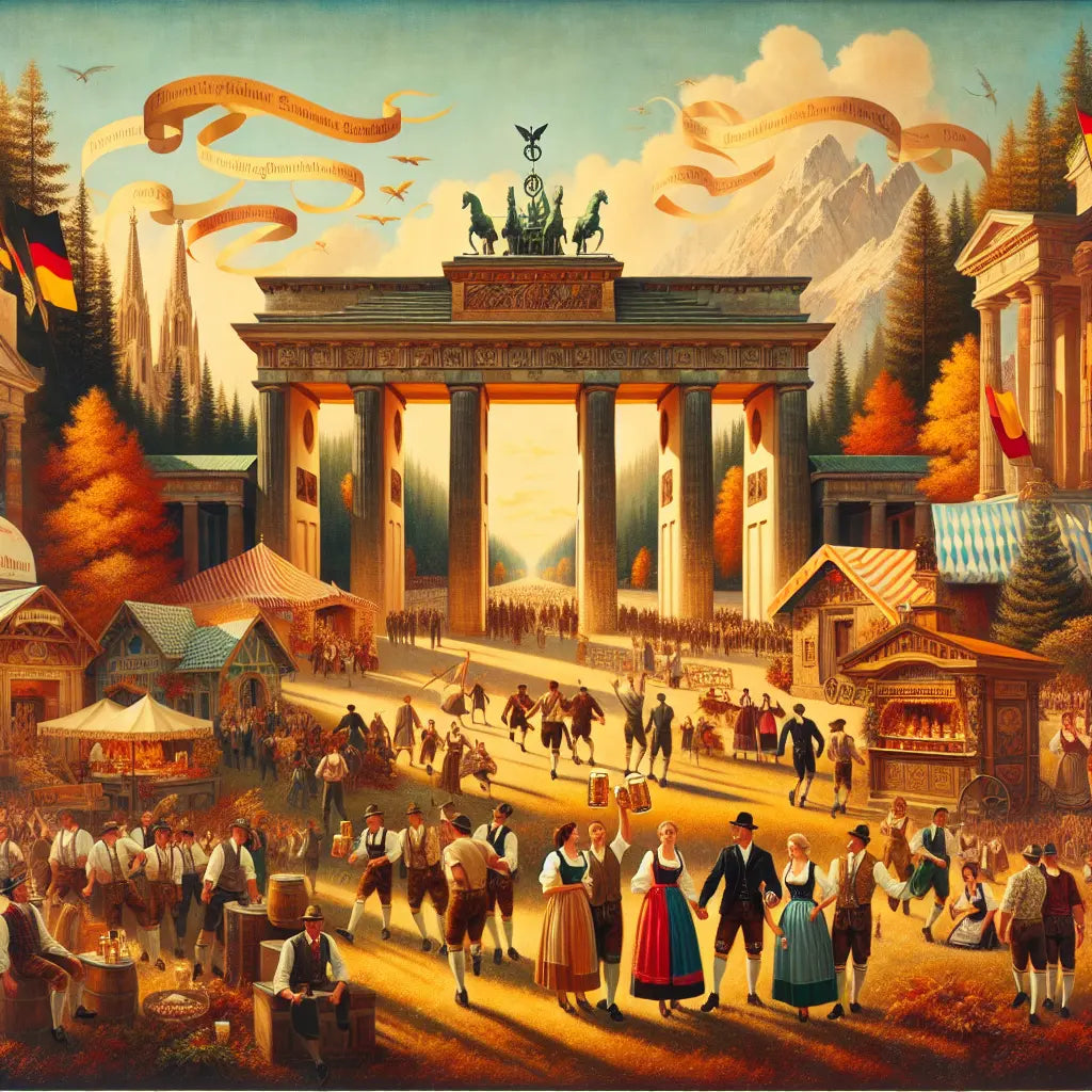 A vibrant cinematic painting showing the Brandenburg Gate, Oktoberfest celebrations with traditional attire, a German forest scene, and Fraktur script text, in warm earthy tones inspired by 1960s historical film style.