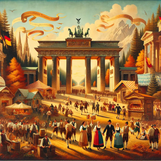 A vibrant cinematic painting showing the Brandenburg Gate, Oktoberfest celebrations with traditional attire, a German forest scene, and Fraktur script text, in warm earthy tones inspired by 1960s historical film style.
