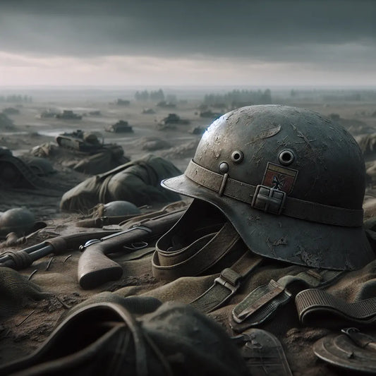 A German M36 paratrooper helmet resting on uneven battlefield terrain under a muted sky, symbolizing courage during World War II, painted in a cinematic epic style.