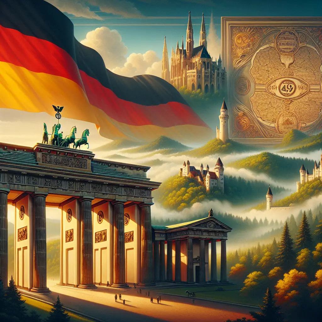 A cinematic oil painting of German national pride featuring Brandenburg Gate, Neuschwanstein Castle, the German flag, and a highlighted map with the international phone code +49.
