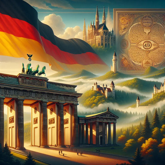 A cinematic oil painting of German national pride featuring Brandenburg Gate, Neuschwanstein Castle, the German flag, and a highlighted map with the international phone code +49.
