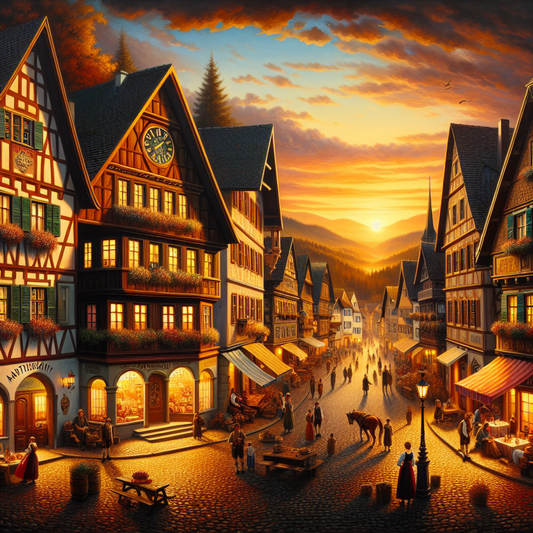 Cozy German village street at sunset with traditional half-timbered houses, warm lighting, and a prominent calendar page showing Saturday and Sunday, blending historical and modern German cultural elements.
