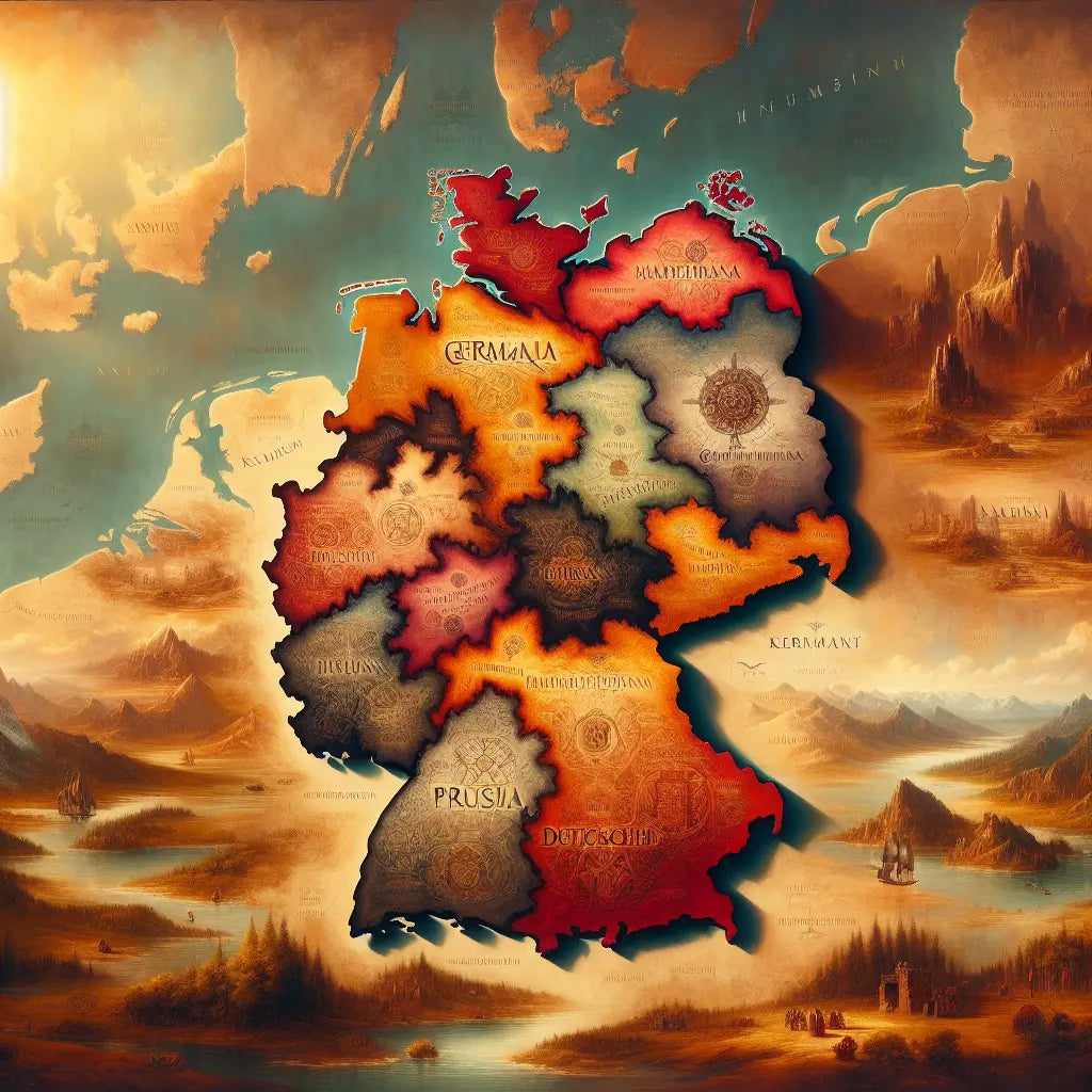 A historically inspired vintage map in warm earth tones showing the regions Germania, Almany, Prussia, and Deutschland with ornate old-fashioned calligraphy and ancient geographic details.