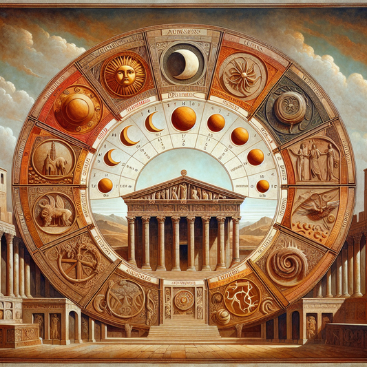 Artistic calendar page depicting the seven Germanic days of the week with sun, moon, Norse gods, thunder, and mythological symbols in a warm earth-toned, classical Roman epic style.