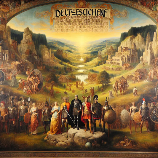 A cinematic painting depicting Germanic tribes with traditional German landscapes blending into modern Germany, featuring the word Deutsche in old script, symbolizing heritage and cultural identity.