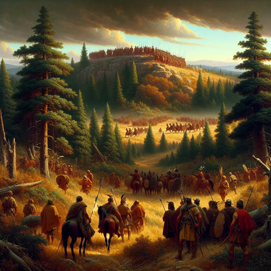 Ancient Germanic tribes in leather and fur walking through a dense forest observed by Roman soldiers on a hill under a moody twilight sky, styled like a 1960s historical epic painting.