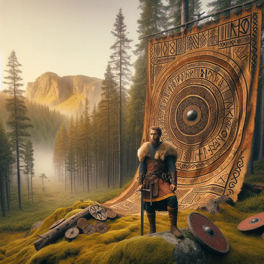 A medieval Germanic warrior stands heroically in a northern forest before a large tapestry woven with intertwined Germanic and Norse symbols, bathed in warm daylight with realistic historical detail.
