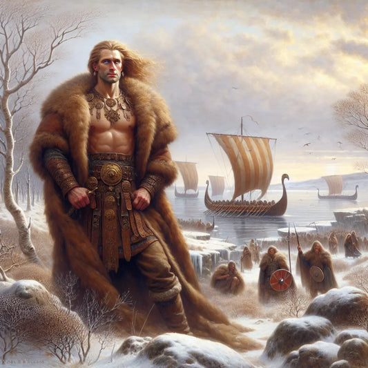A strong Germanic warrior with blue eyes and blonde hair stands in a cold Northern European winter landscape with Viking longships sailing nearby under a pale sky, styled like a 1960s Roman historical epic painting.