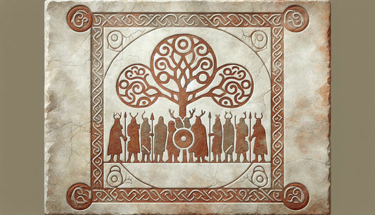 Fragment of a stone relief with Germanic tribal symbols and oak trees in brick red on light natural stone background