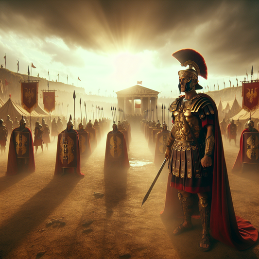 Digital painting of Germanicus, the Julio-Claudian Roman general, heroically standing on an ancient battlefield with legionaries, clad in authentic military attire and surrounded by Roman war machines and banners under warm sunlight.