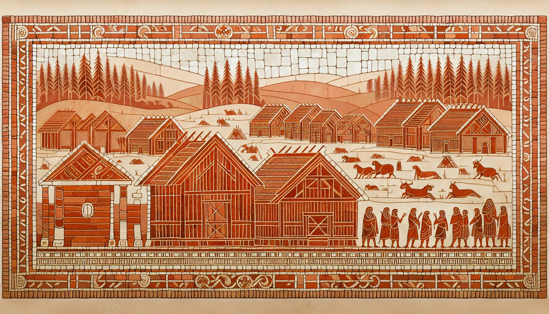 Fragment einer Darstellung eines germanischen Dorfes mit Holzhäusern und Wald in antikem Mosaikstil