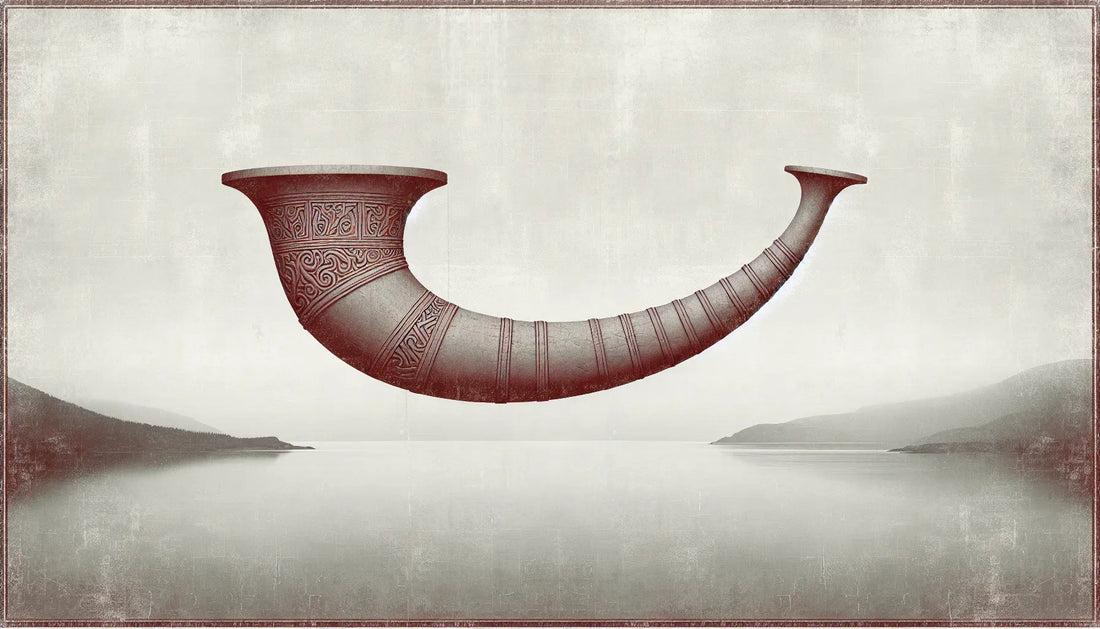 Steinernes Relief des Gjallarhorns in dunklem Ziegelrot auf hellem steinartigem Hintergrund mit angedeuteten norwegischen Fjorden im Tiefgrau