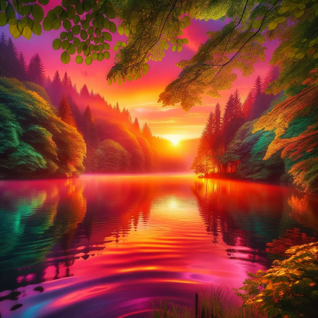 A picturesque view of a sunset by the lake.