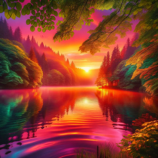 A picturesque view of a sunset by the lake.