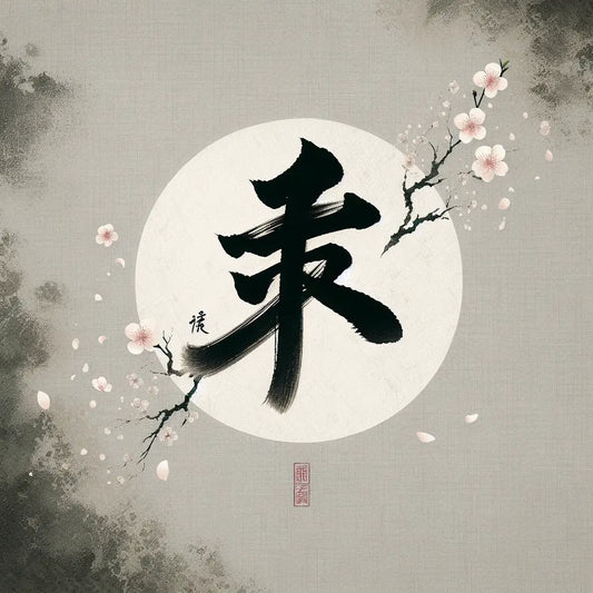 A glowing Japanese calligraphy of the name Akira surrounded by soft cherry blossom petals and a serene natural background, in a minimalist and peaceful traditional style.