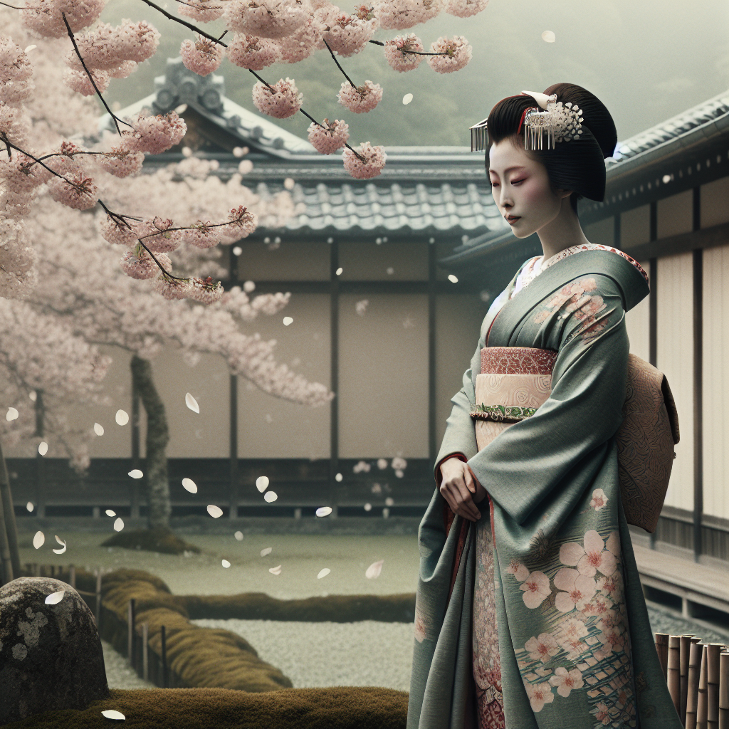 A graceful geisha wearing a softly colored kimono stands peacefully among cherry blossoms in a quiet spring garden, embodying elegance and traditional Japanese culture.