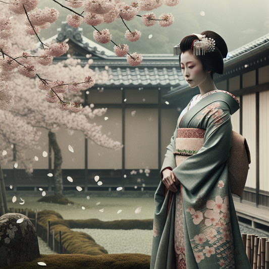 A graceful geisha wearing a softly colored kimono stands peacefully among cherry blossoms in a quiet spring garden, embodying elegance and traditional Japanese culture.
